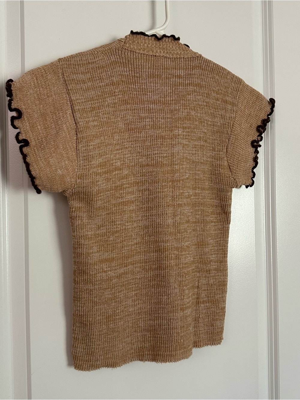 Vintage Tan and Brown Trimmed V-Neck Knit Top - Picture 2 of 3
